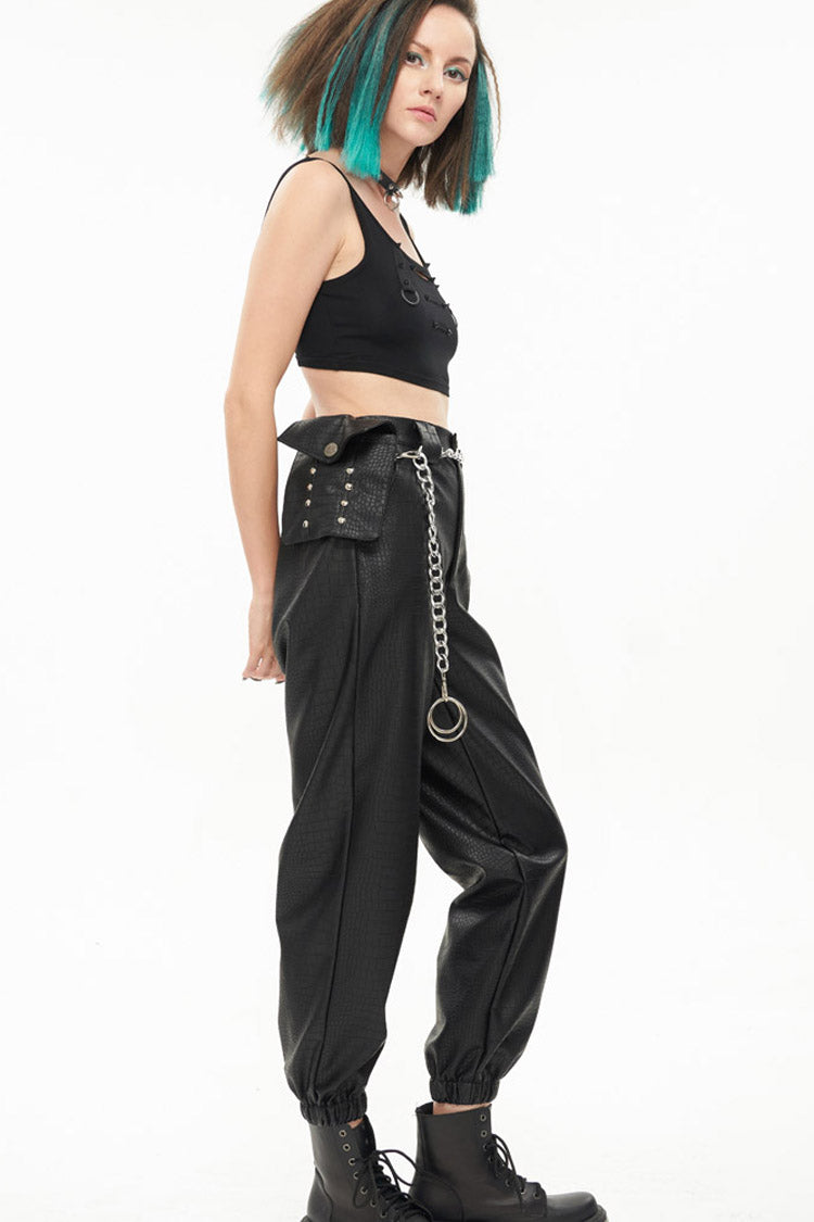 Black Gothic Crocodile Pattern Metal Chain Design Lantern Leather Women's Pants