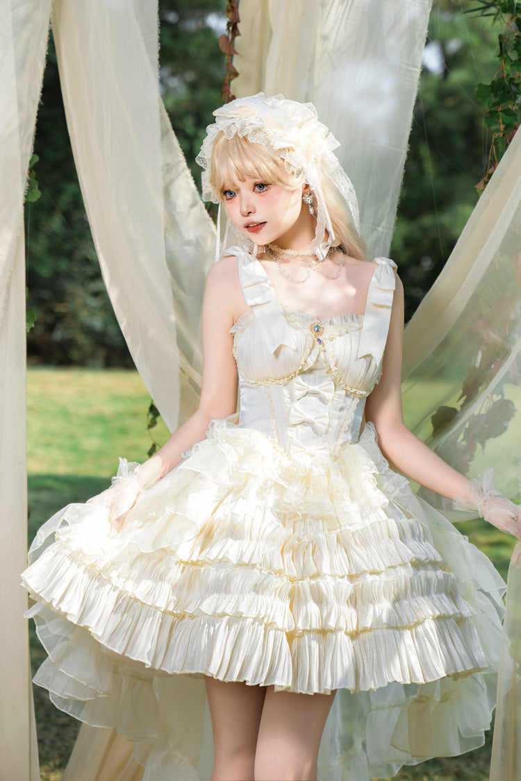 Abricot [Gâteau à la crème] Robe sans manches à volants multicouches avec nœud papillon doux princesse Lolita Jsk 