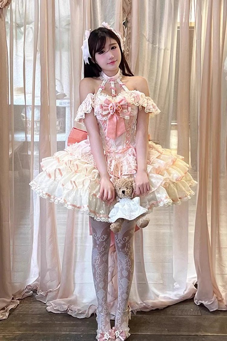 Pink [Flower Language of Eros] Halterneck Multi-Layered Ruffle Bowknot Rose Lace Lace-Up Sweet Ballet Lolita Jsk Dress