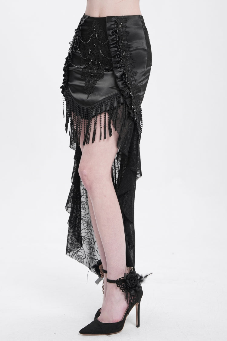 Black Embroidery Stitching Lace Mesh Women's Gothic Skirt With Train