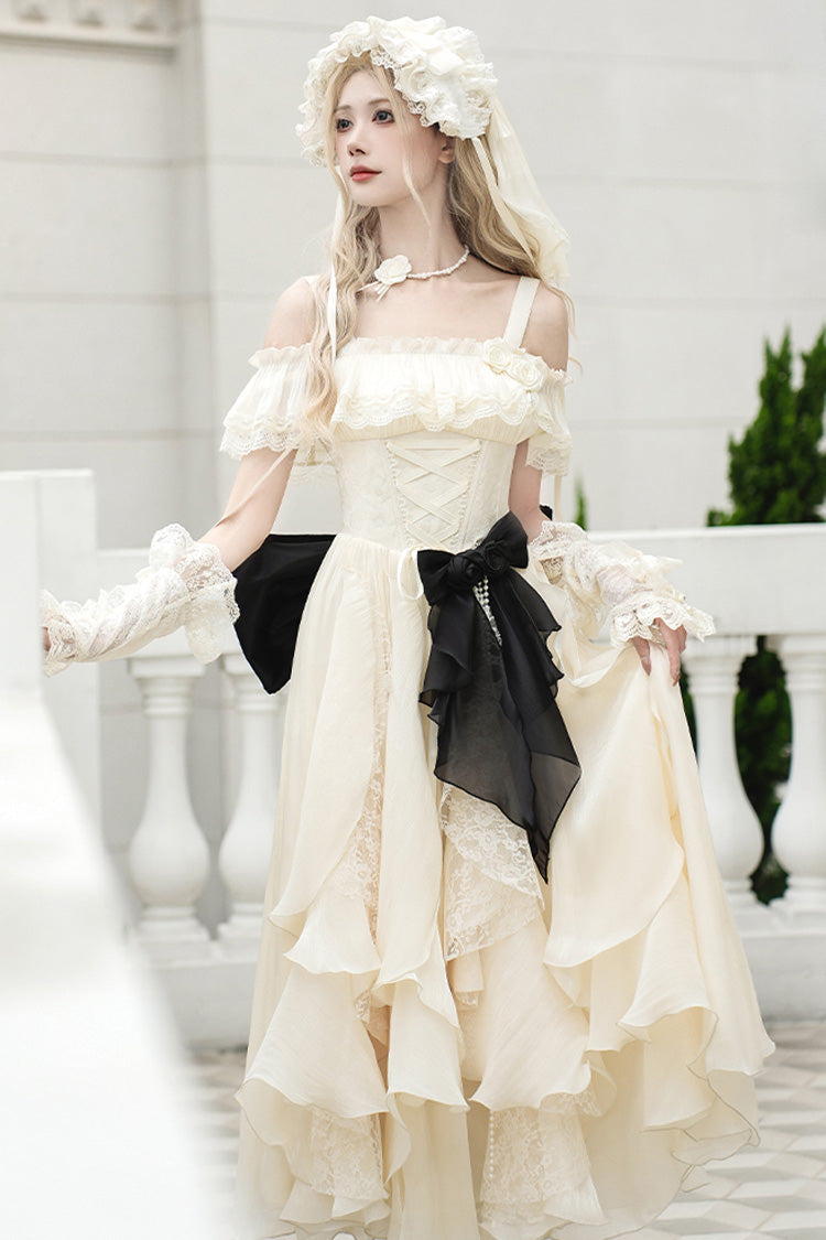 Robe longue sans manches en ivoire [Variations au clair de lune] avec volants et lacets Sweet Lolita Jsk 