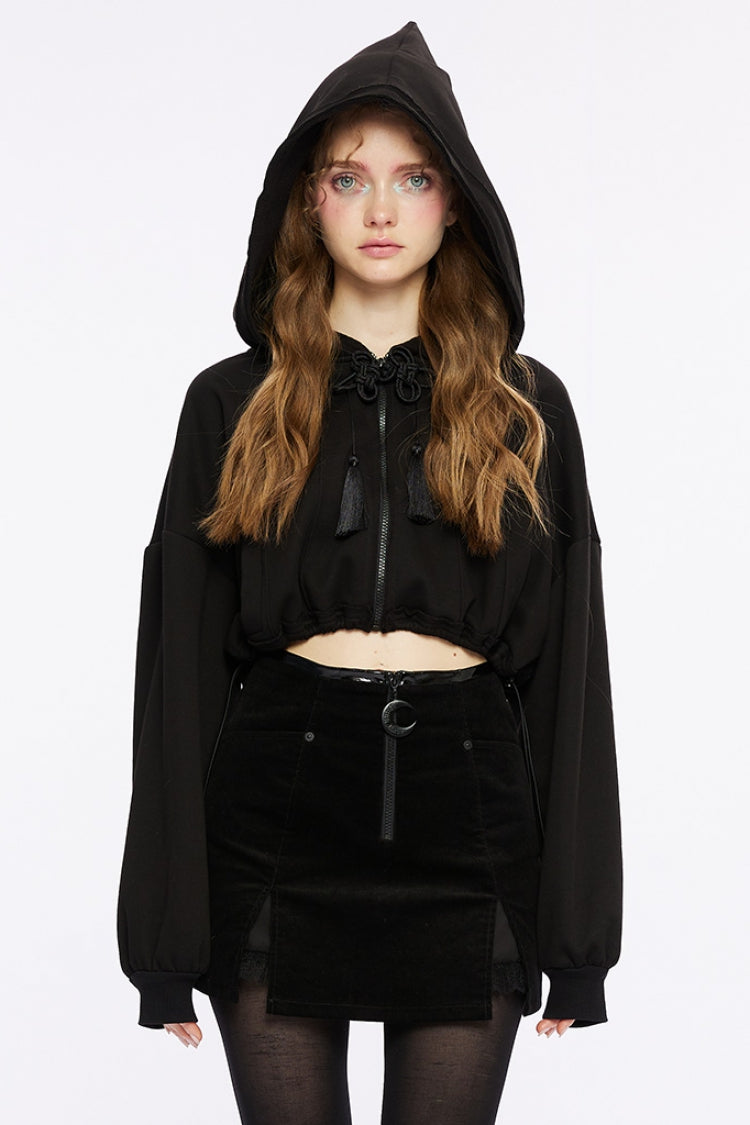 Black Long Sleeves Hooded Short Loose Women's Punk Shirt
