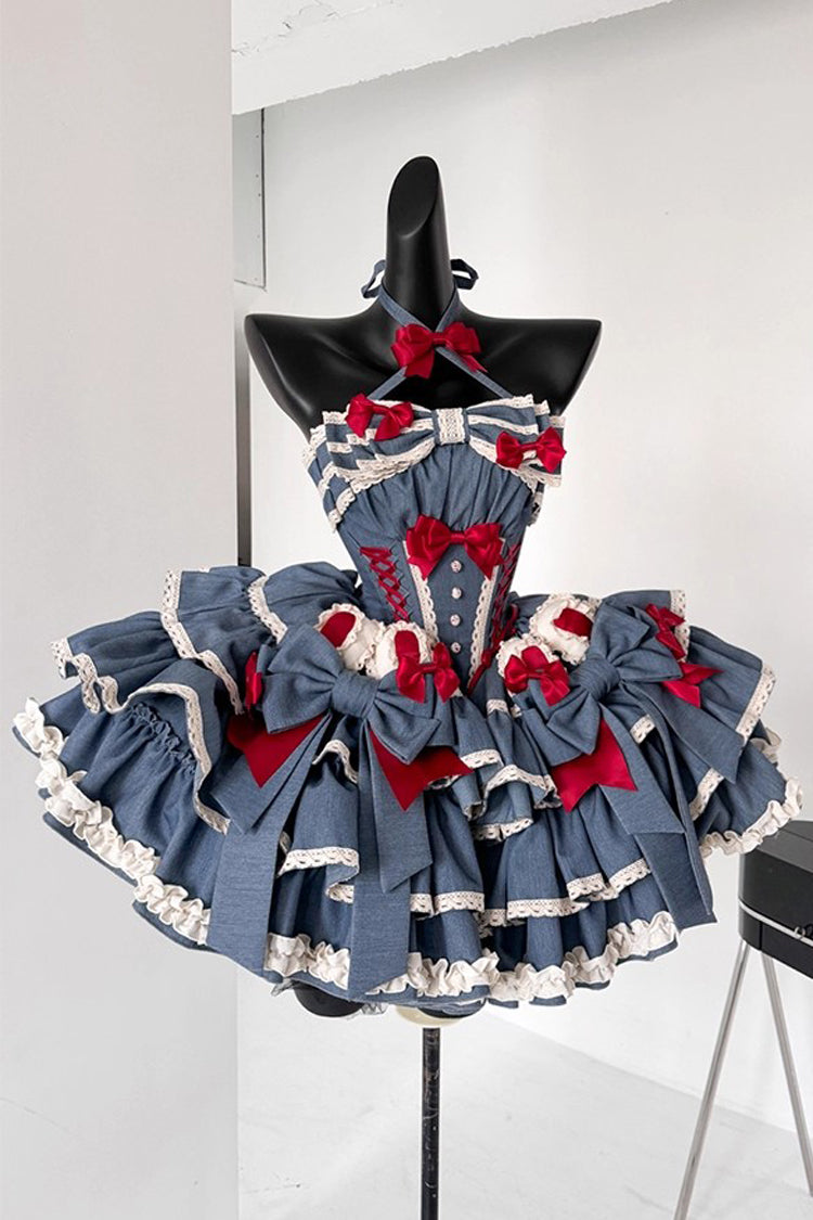 Blue [Milk Rabbit Theater] Halterneck Sleeveless Triple-Layered Ruffle Bowknot Lace-Up Sweet Lolita Jsk Dress