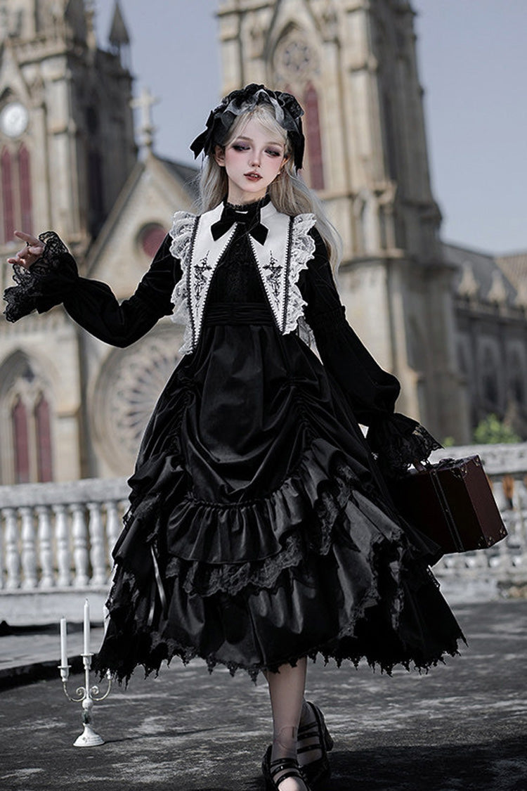 Schwarz [Songs of Dawn and Dusk] Lange Laternenärmel, mehrlagig, gerüschte Schleife, verstellbarer Kordelzug am Saum, Nonne Gothic Lolita-Kleid-Set