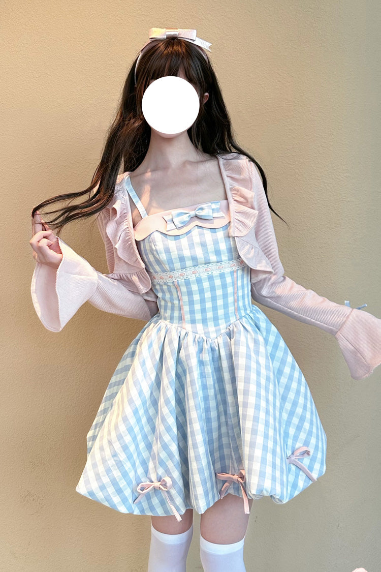 Blue [Sea Salt Strawberries] Sleeveless Plaid Print Bowknot Sweet Lolita Jsk Short Dress