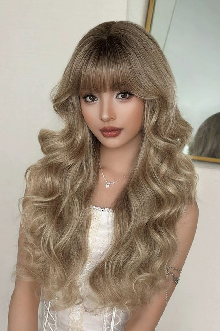 Stellar Glow Brown-Gold Balayage Lazy Vibe Long Big Wavy Wig with Blunt Bangs