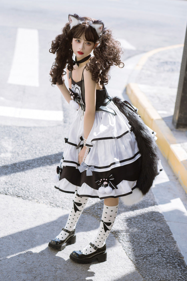 Black/White [Cat Fist] Triple-Layered Ruffle Bowknot Sweet Lolita Jsk Dress