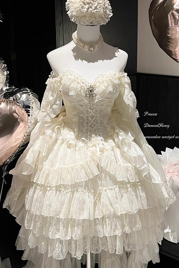Princess Off Shoulder Multi-Layered Ruffle Bowknot Lace Sweet Elegant Lolita Strapless Dress