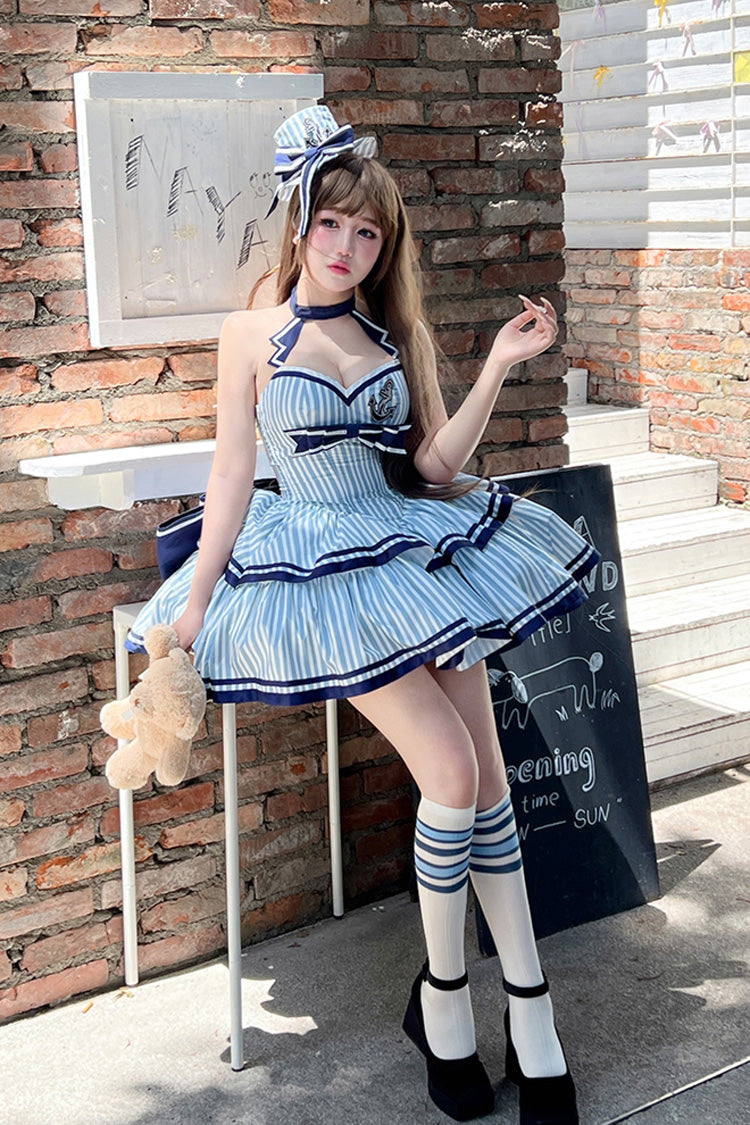 Blue [Sailing Sweetheart] Double-Layered Vertical Stripes Print Ruffle Bowknot Sweet Lolita Dress
