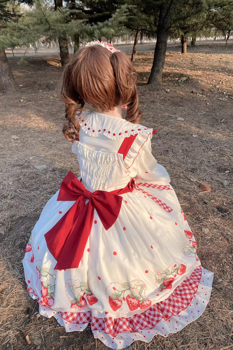 Süßes Lolita-Kleid-Set in Weiß mit Rüschen und Schleife und Erdbeer-Print