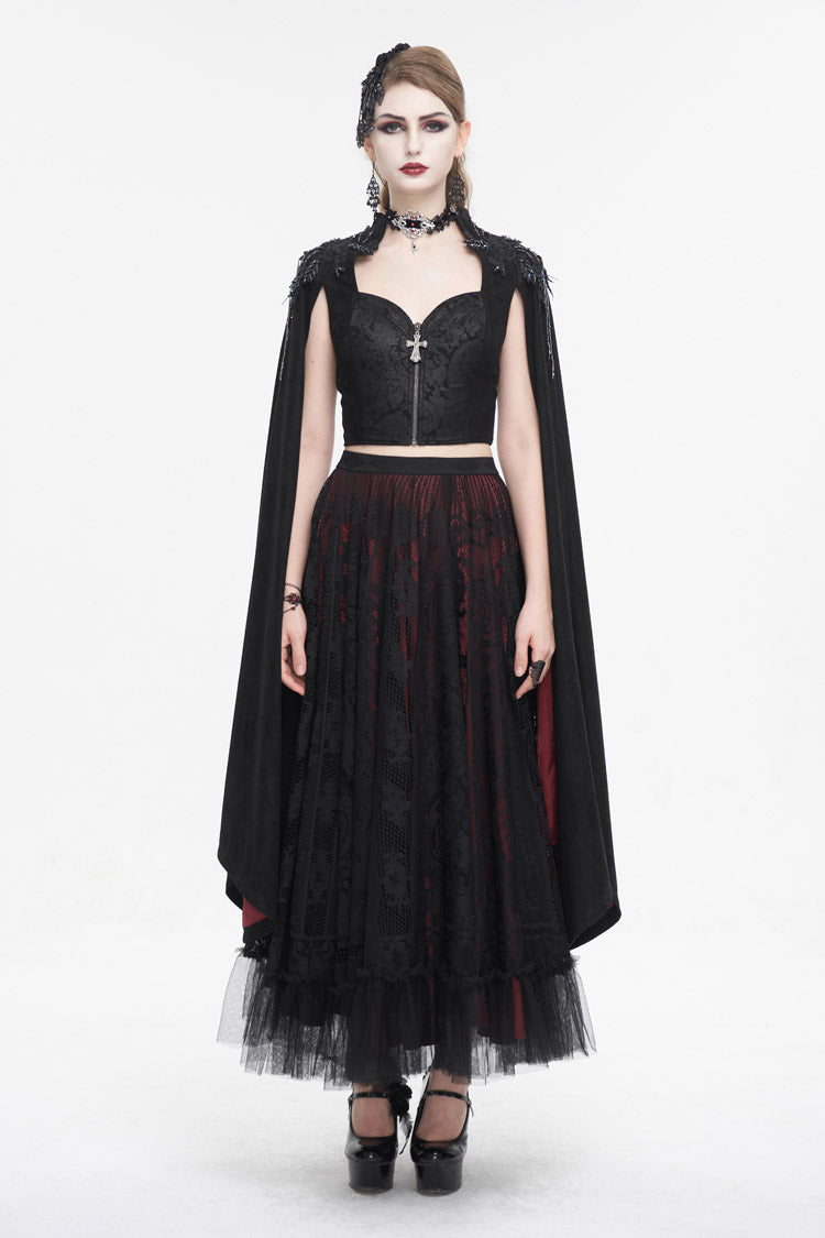 Black Stand Collar Floral Embroidered Women's Gothic Shirt Cloak