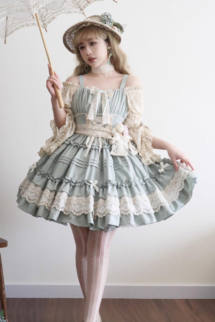 Green [Vivian] Off Shoulder Short Sleeves Ruffle Bowknot Lace Sweet Princess Lolita Dress