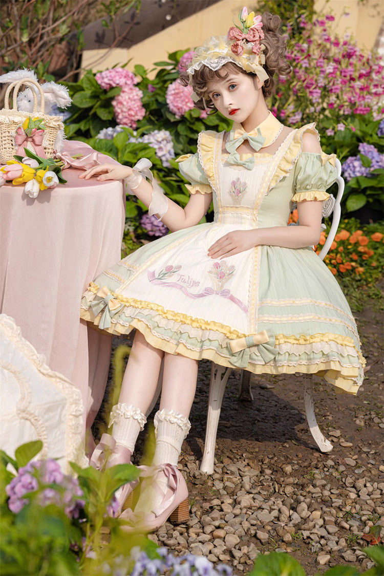 Green Short Sleeves Tulip Print Ruffle Bowknot Sweet Lolita Dress