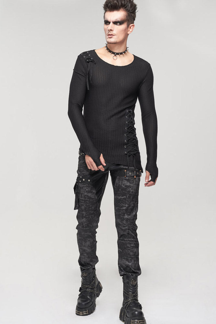 Black Punk Do Old Print Detachable Multi-Pocket Splicing Metal Rivet Decoration Men's Long Pants