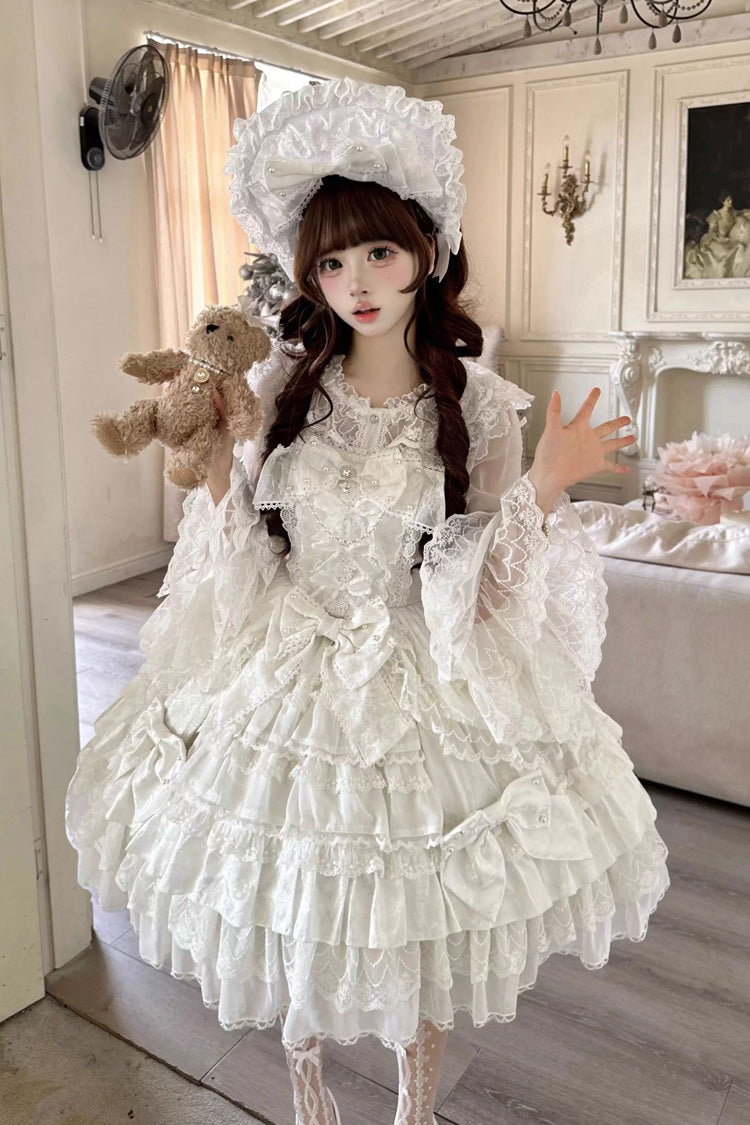 White [Dream-Sinking Pearl Veil] Doll-Style Sleeveless Multi-Layered Ruffled Bow Lace Daily Sweet Lolita Dress