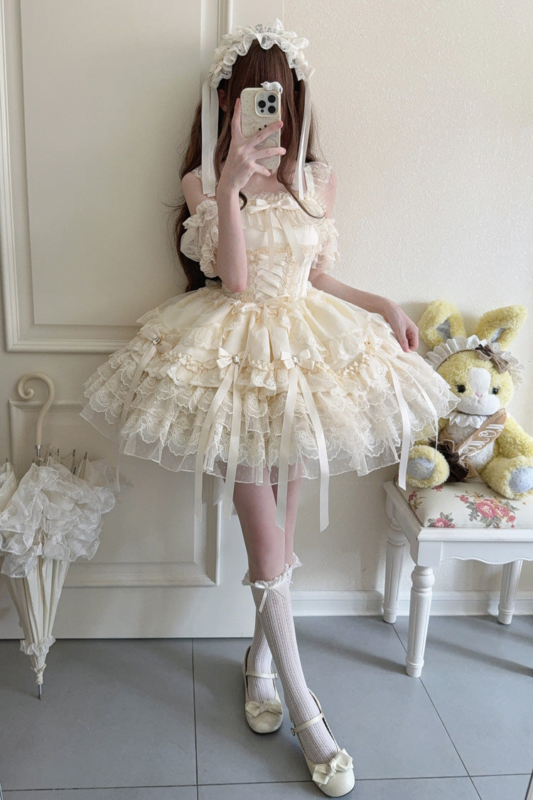Apricot [Ribbon Heart Love] Sleeveless Multi-Layered Ruffle Bowknot Lace Lace-Up Sweet Princess Ballet Lolita Jsk Dress