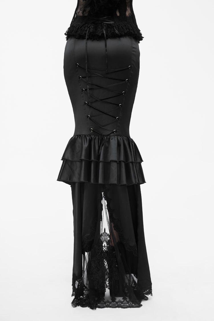 Black Back Decals Transparent Mesh Hem Satin Trailing Women's Gothic Skirt
