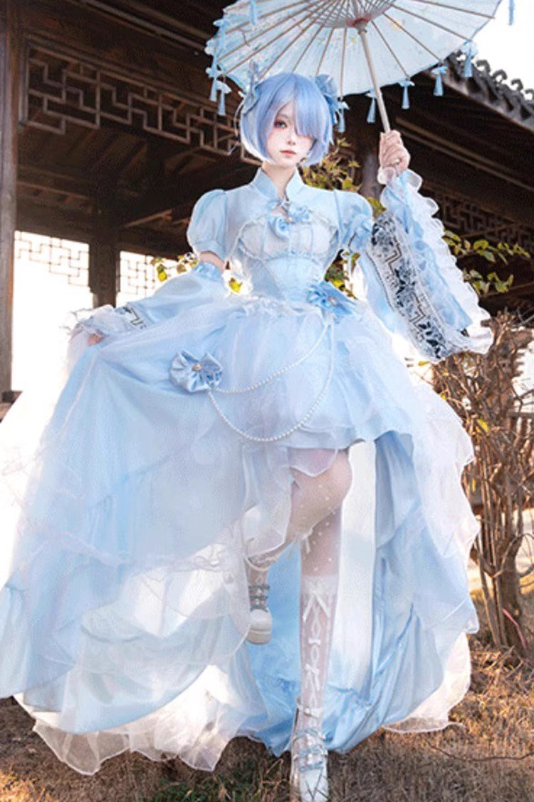 Blue Sleeveless Ruffle Hanayome Bowknot Lace Sweet Plus Size Lolita Jsk Dress 2 Versions