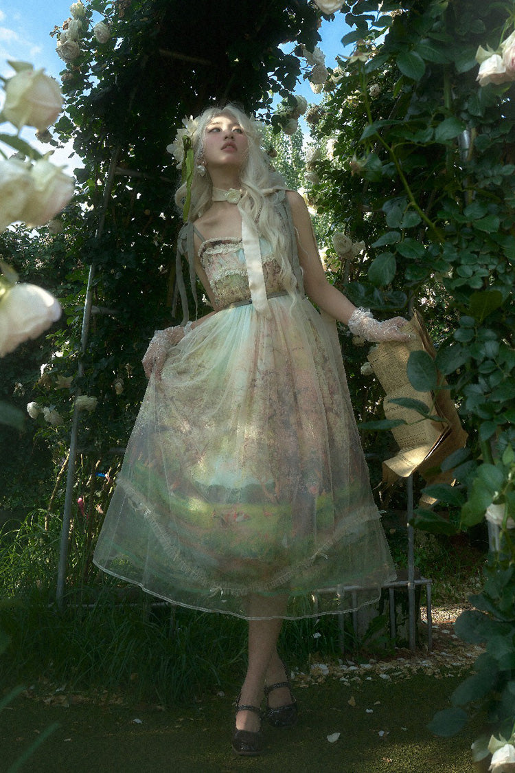 Green [Oil Painting – Spring] Sleeveless Print Ruffle Bowknot Lace Sweet Lolita Jsk Dress