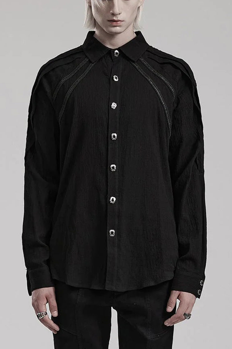 Black Lapel Collar Long Sleeves Metal Buttons Webbing Decoration Mens Gothic Blouse