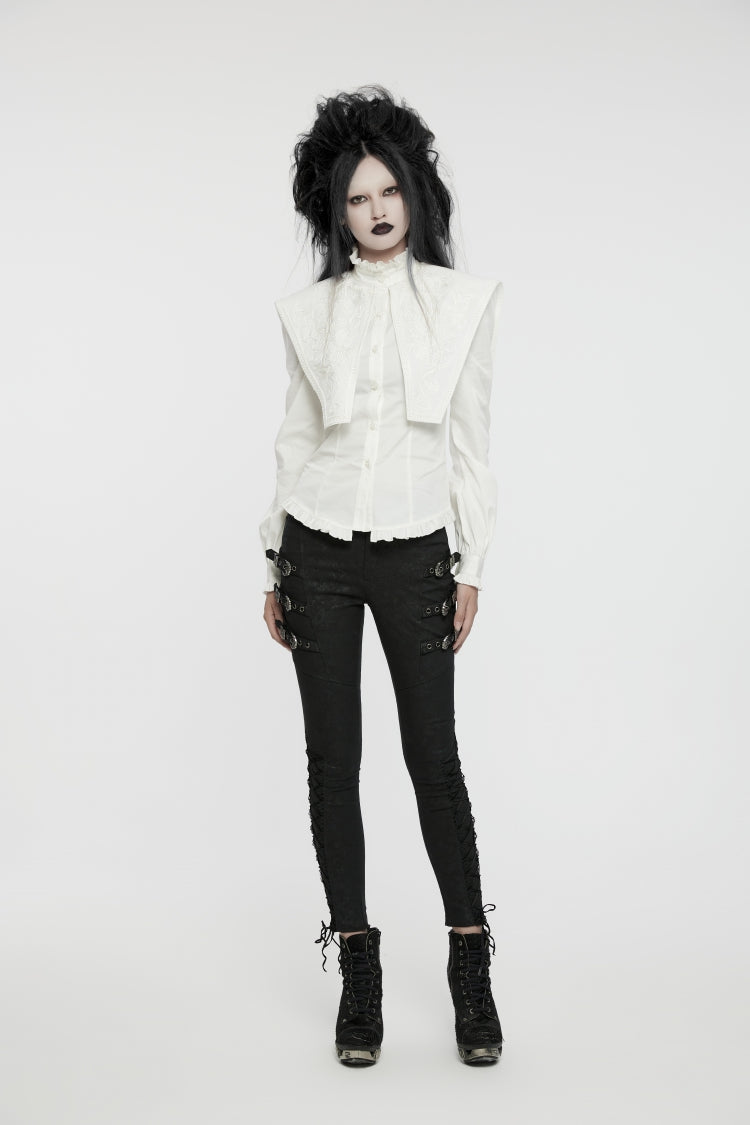 Weiße Gothic-Bluse mit Stehkragen, Rüschen und Schnürung für Damen