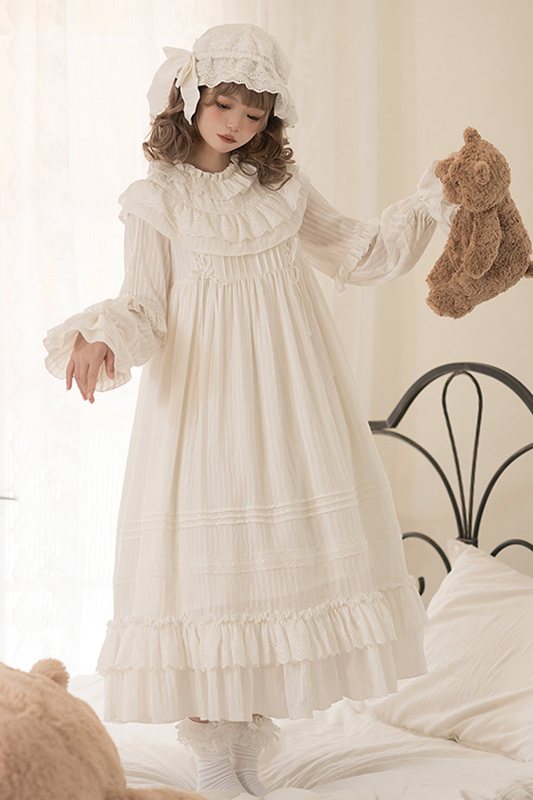 White [Good Night] Long Sleeves Double-Layered Ruffle Bowknot Lace-Up Holy Sweet Lolita Dress