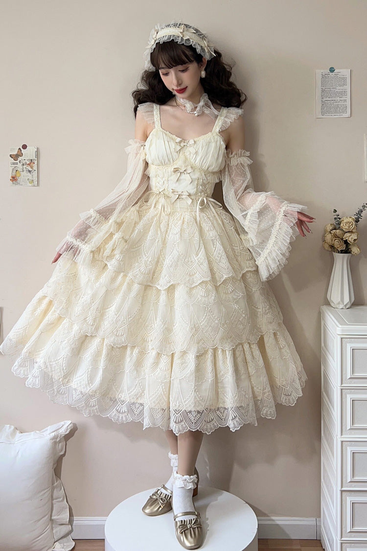 Ivory [Tidal] Triple-Layered Ruffle Bowknot Sweet Lolita Skirt 2 Versions