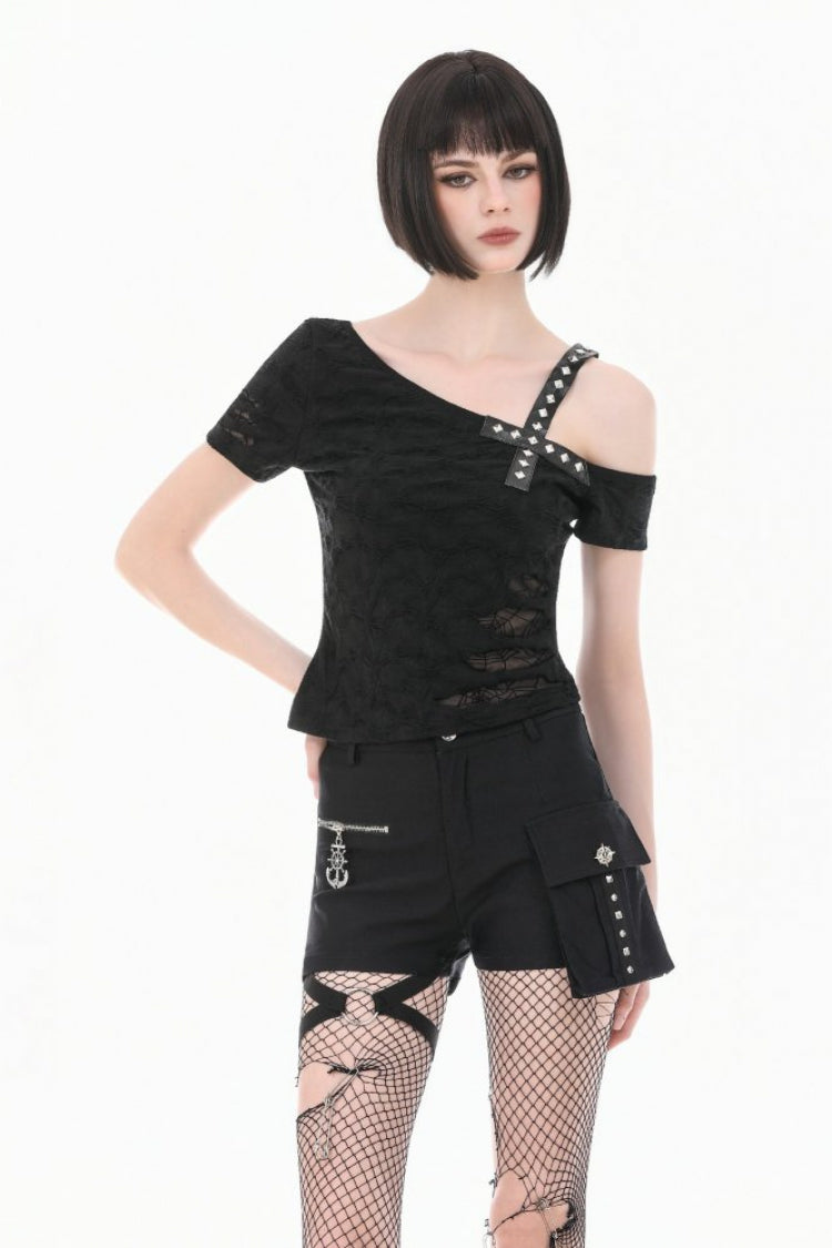 Black Off Shoulder Short Sleeves Studded Cross Straps Asymmetric Women's Punk Top
