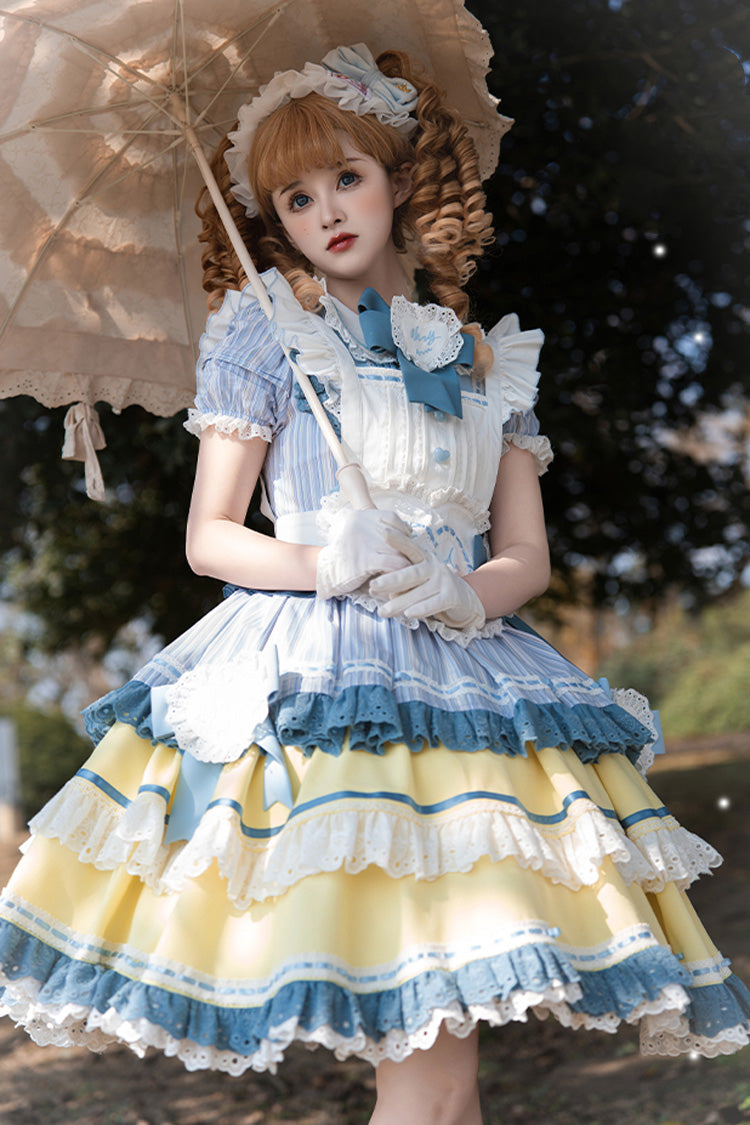 Blue/Yellow Short Sleeves Triple-Layered Ruffle Bowknot Lace Sweet Japanese Lolita Dress