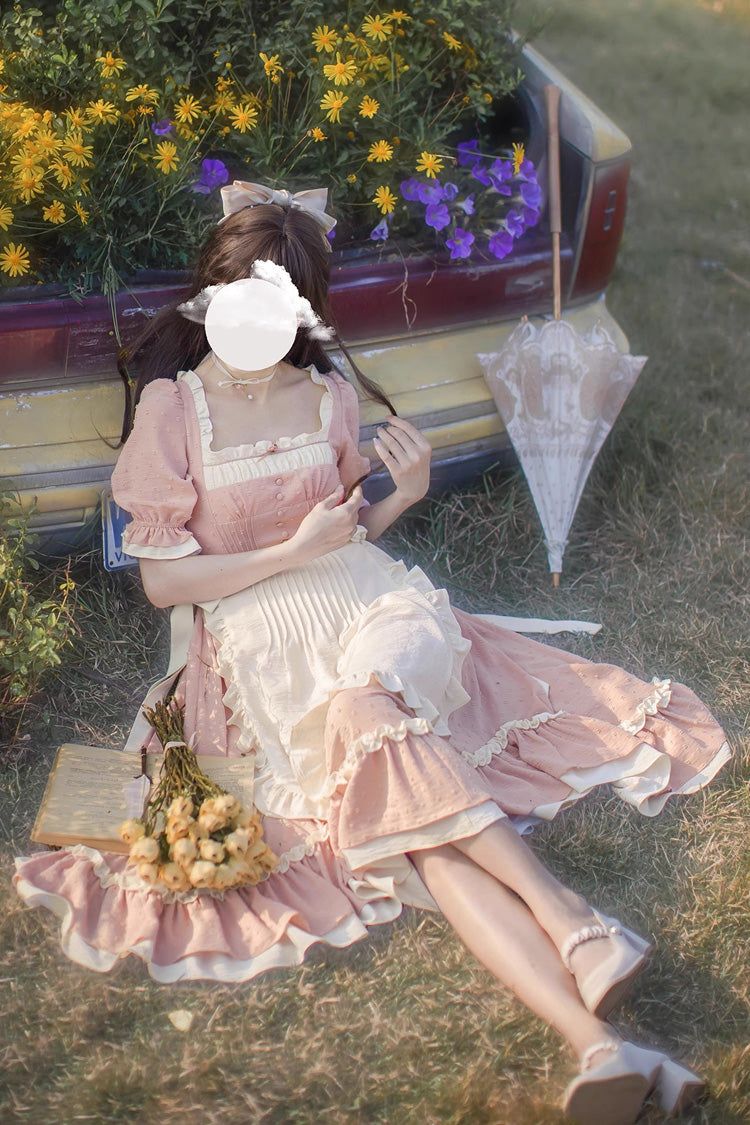 Pink Square Collar Short Puff Sleeves Ruffle Embroidery Sweet Elegant Lolita Dress
