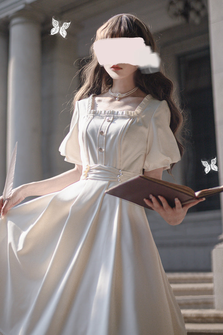 Apricot [Random Thoughts] Square Collar Short Sleeves Ruffle Classic Vintage Elegant Lolita Dress