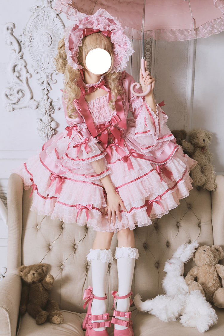 Pink [Velvet Cake] Long Trumpet Sleeves Multi-Layered Ruffle Bowknot Lace Sweet Lolita Dress