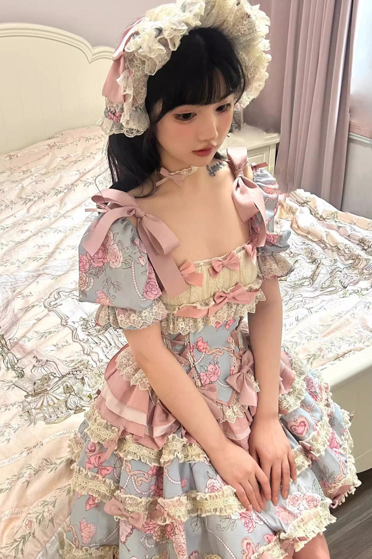 Blue/Pink [Gem Rose] Multi-Layered Ruffle Bowknot Lace Sweet Princess Lolita Skirt 2 Versions