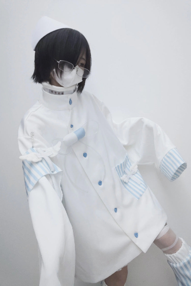 White/Blue Medical Angel Long Sleeves Print Loose Sweet Jirai Kei Japanese Set