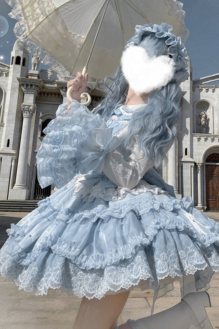 Robe Lolita douce à volants triples brodés à manches courtes avec col à revers bleu [baleine] 