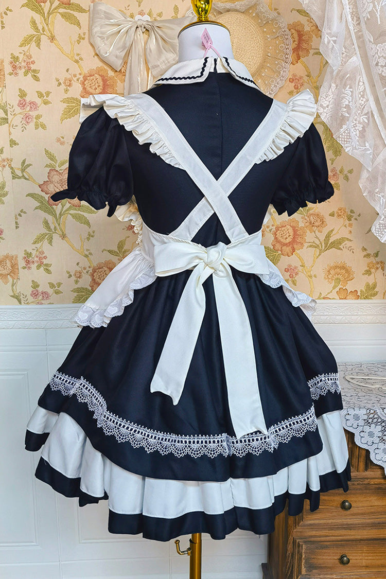 Schwarz/Weiß Kurzarm Dreifach-Lagen Rüsche Schleifenknoten Spitze Süßes Plus Size Dienstmädchen Lolita Kleid Set 