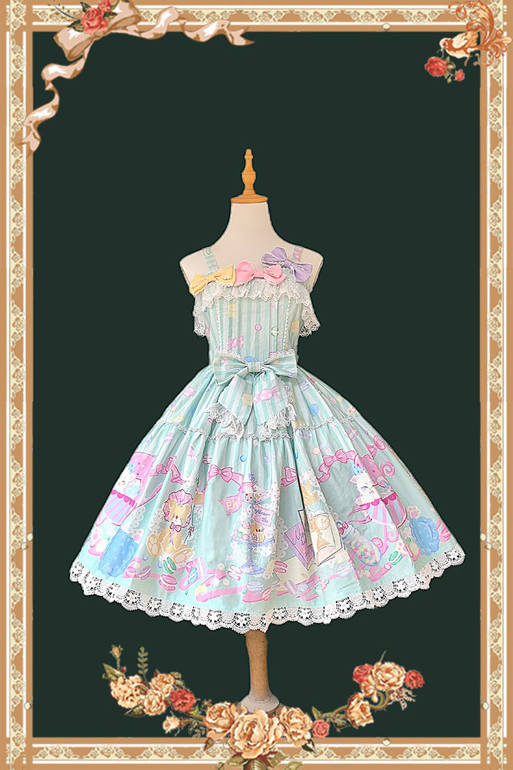 Robe verte [Macarons Dolly House] col carré sans manches avec nœud imprimé Sweet Lolita Jsk