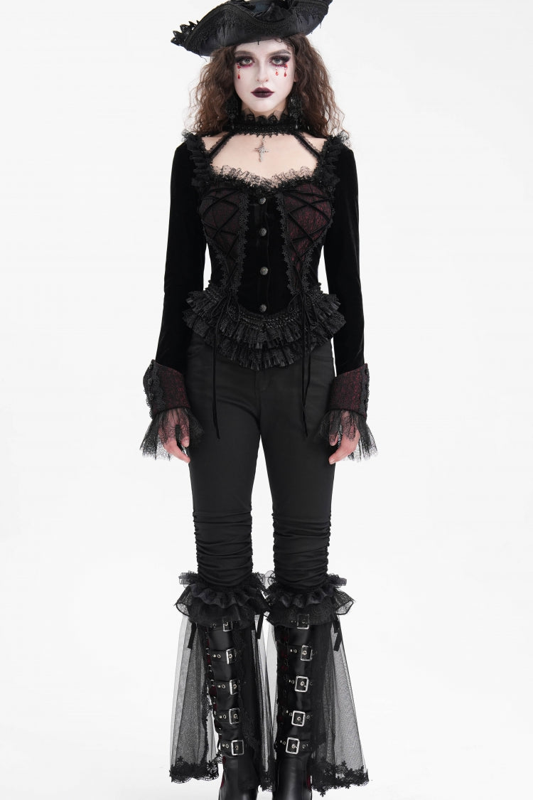 Schwarze Gothic-Bluse mit langen Ärmeln, Rüschen und Schnürung aus Netzstoff für Damen