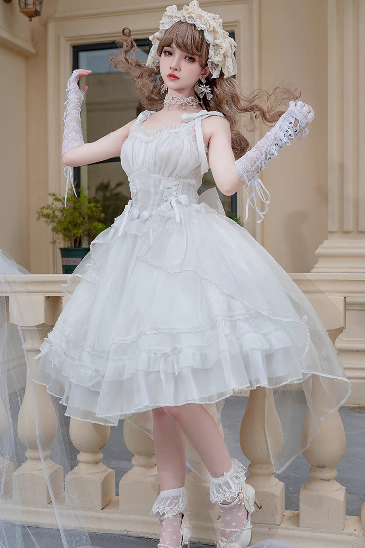 ホワイト ノースリーブ フリル スリーピング ガーデン ハナヨメ ちょう結び スウィート ロリータ Jsk ドレス