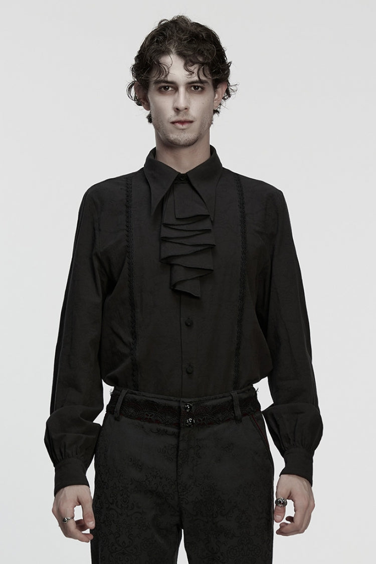 Black Lapel Collar Long Puff Sleeves Men's Gothic Blouse with Detachable Necktie White