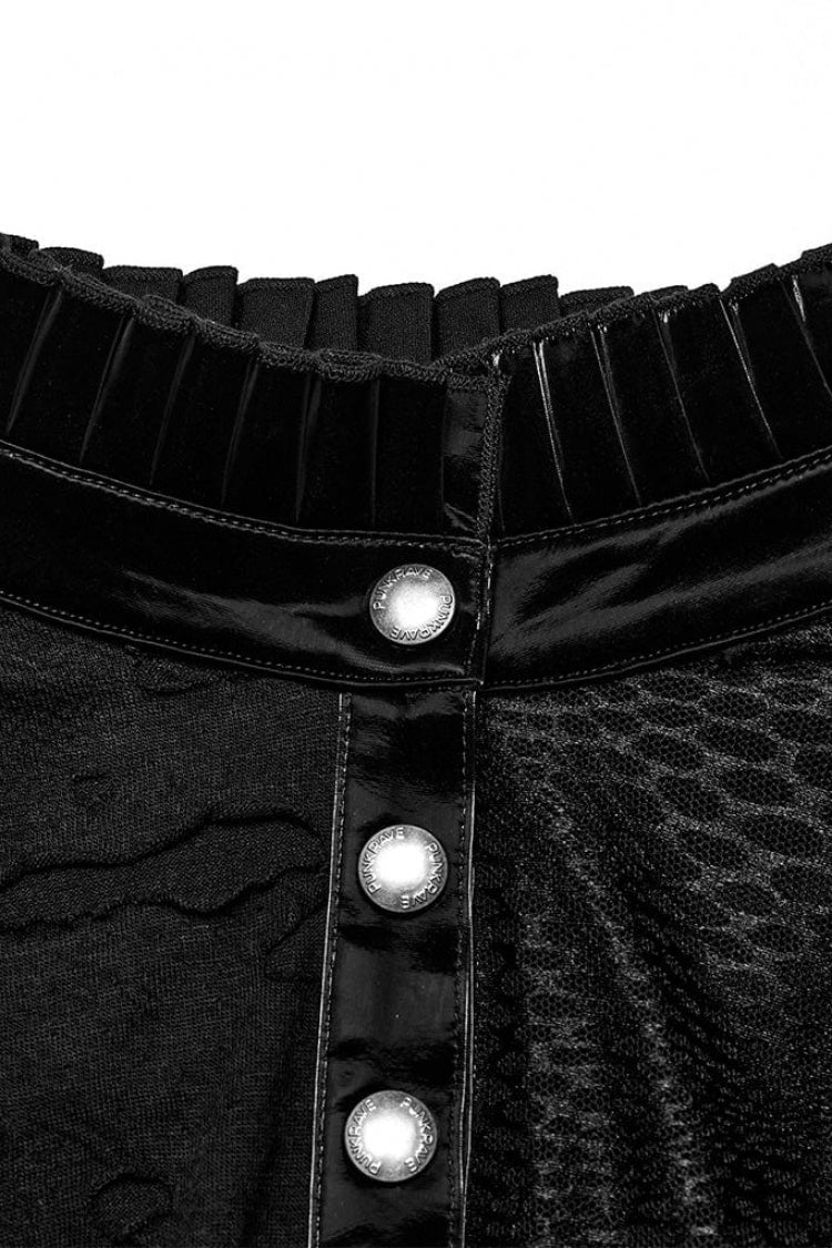 Black Stand Collar Long Sleeves Ruffle Slim Irregular Womens Steampunk T-Shirt