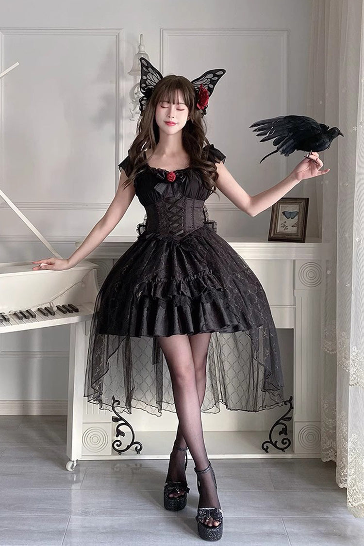 Black Short Sleeves Ruffle Rose Bowknot Elegant Princess Gothic Lolita Tiered Dress