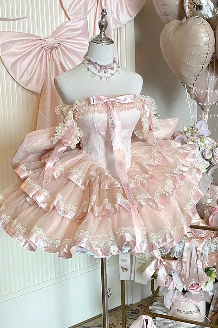 Pink [Princess Ribbon] Off Shoulder Triple-Layered Ruffle Bowknot Sweet Lolita Dress