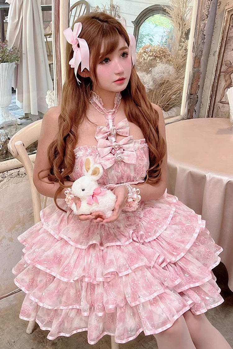 Pink [Broken Silver Rose] Halterneck Sleeveless Multi-Layered Ruffle Bowknot Sweet Princess Lolita Tiered Dress