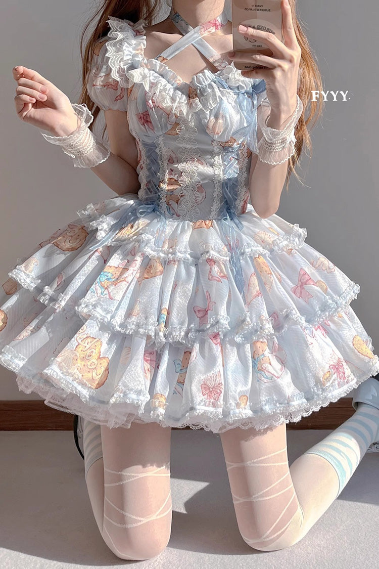 Blue Short Sleeves Multi-layer Cookie Bunny Print Bowknot Sweet Lolita Dress