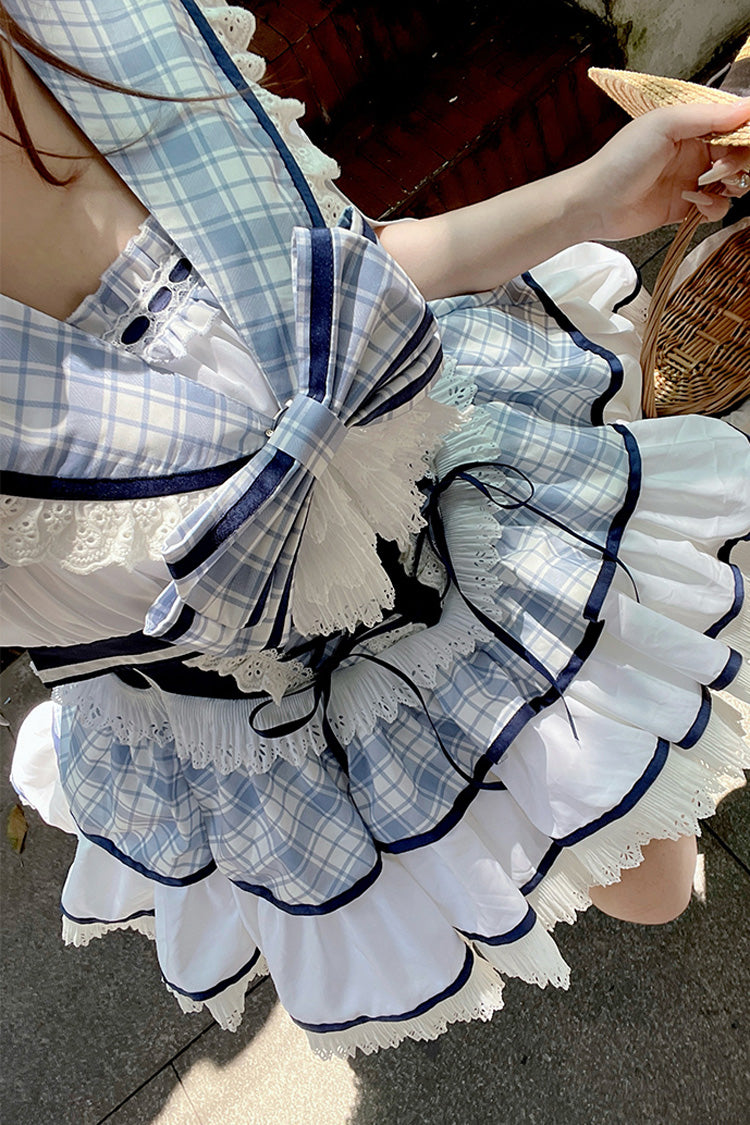 Blue/White [Sailing Love] Navy Collar Sleeveless Plaid Print Ruffle Bowknot Sweet Lolita Dress