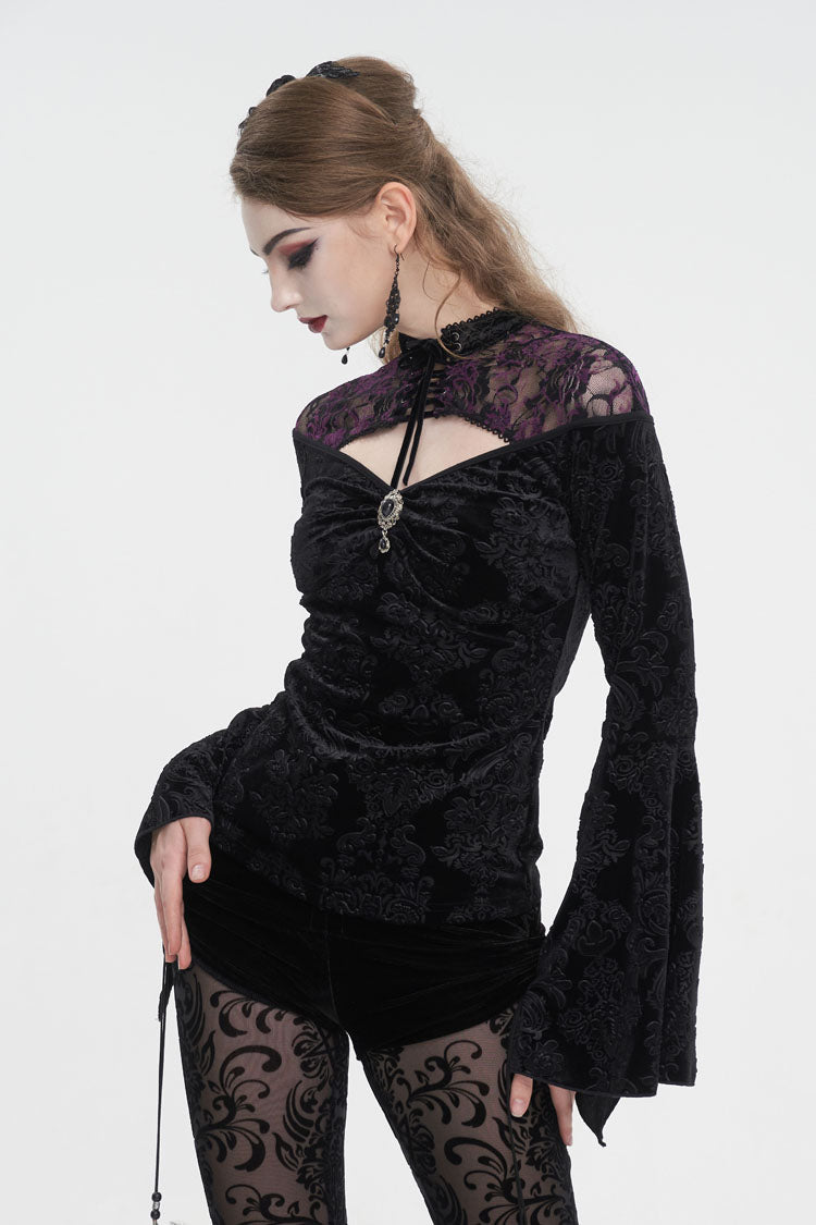 Black Cutout Flared Sleeved Floral Embossed Women's Gothic Shirt