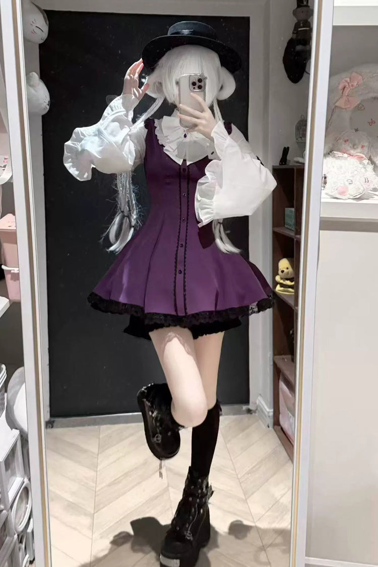 Jirai Kei Stand Collar Long Trumpet Sleeves Ruffled Bow Lace Japanese Dress 4 Colors