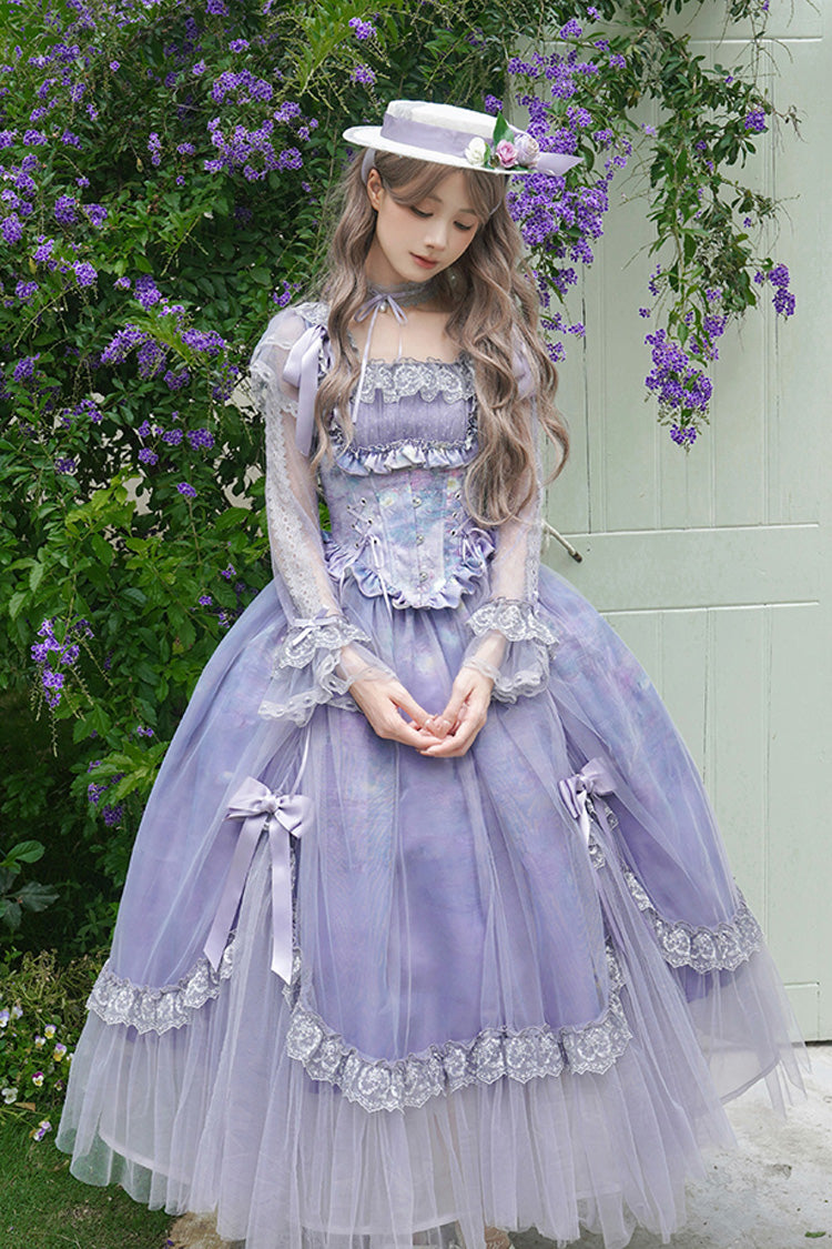 Robe Sweet Lolita en dentelle avec col carré violet, manches longues, volants, nœud papillon et arêtes de poisson 