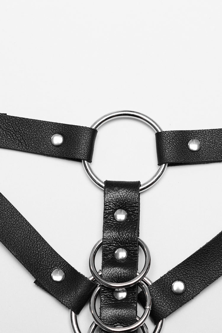 Black Adjustable Double-shoulder Faux Leather Multiple Metal Rings Women's Steampunk Harness